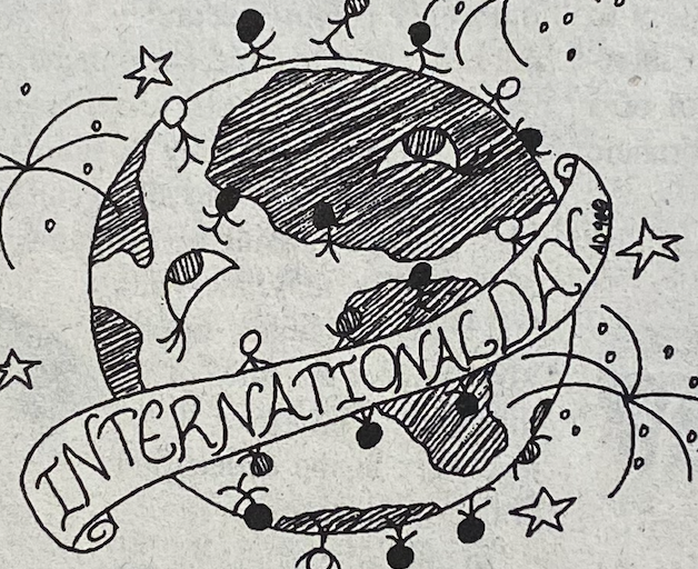 A hand-drawn illustration of the Earth with stick figures holding hands around it. A ribbon across the globe reads International Day. Stars and lines decorate the background.