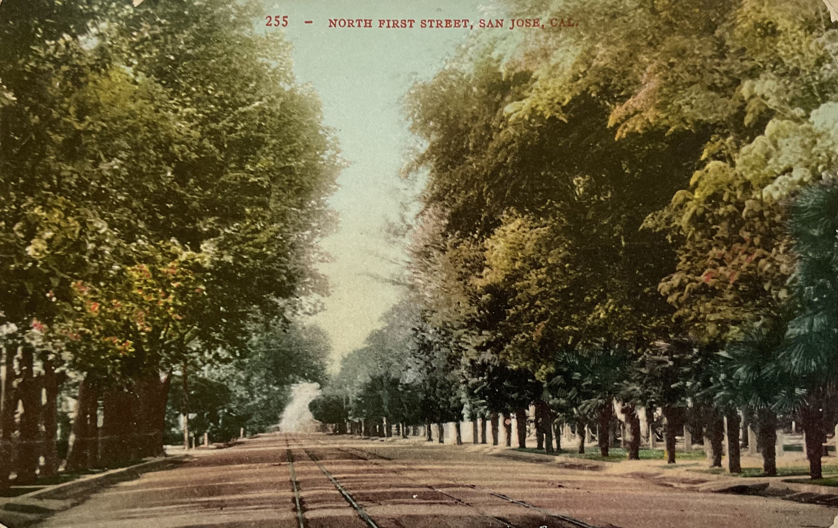Front of postcad with image of First Street, San Jose