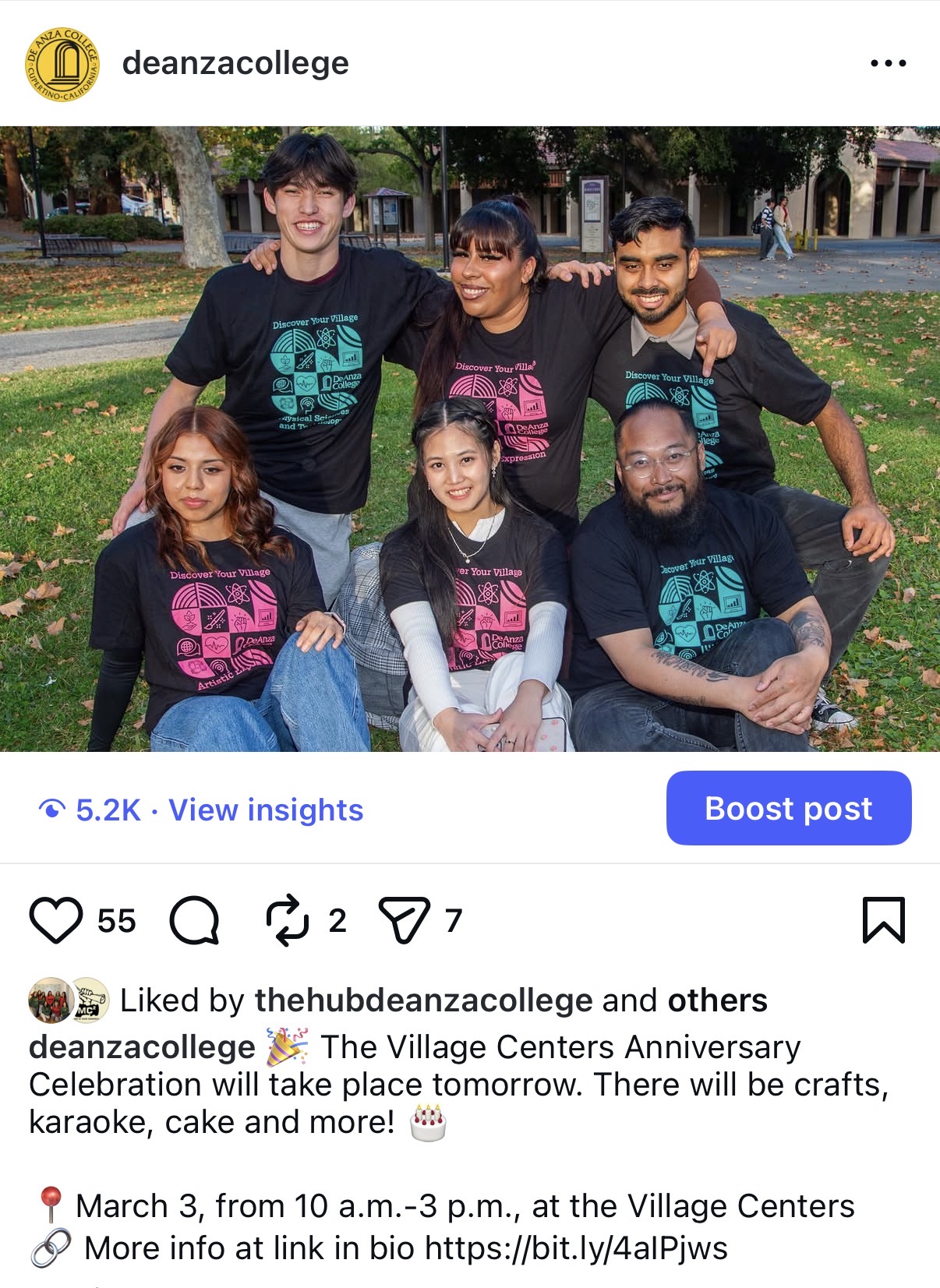 Instagram post. Group of students in Villages shirts with the text "🎉 The Village Centers Anniversary Celebration will take place tomorrow. There will be crafts, karaoke, cake and more! 🎂  📍March 3, from 10 a.m.-3 p.m., at the Village Centers 🔗 More info at link in bio https://bit.ly/4aIPjws"