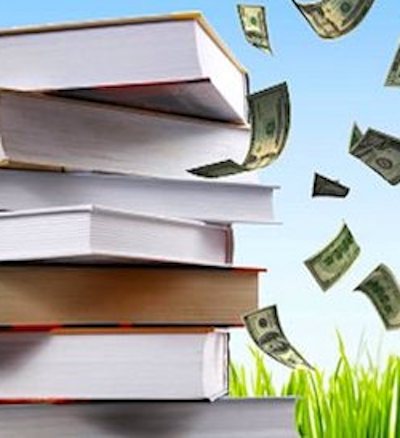 stacked books with dollars floating in air