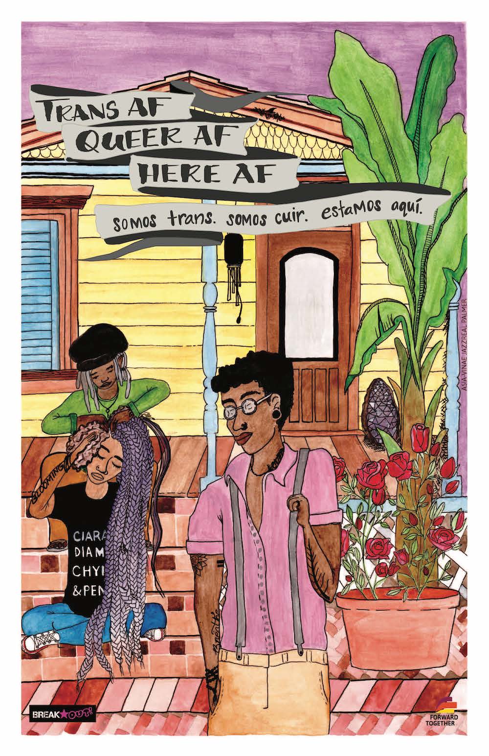 artwork of people outside a yellow house with sign that says "somos trans. somos cuir. estamos aqui"